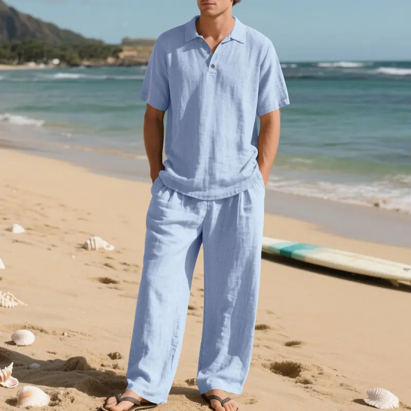 Men’s Linen Beach Two Piece Set, Casual Short Sleeve Button Down Shirt and Loose Long Pants Set, Lightweight Breathable Summer Outfit, Relaxed Fit Drawstring Loungewear for Vacation Travel Resort Daily Wear Comfortable Stylish