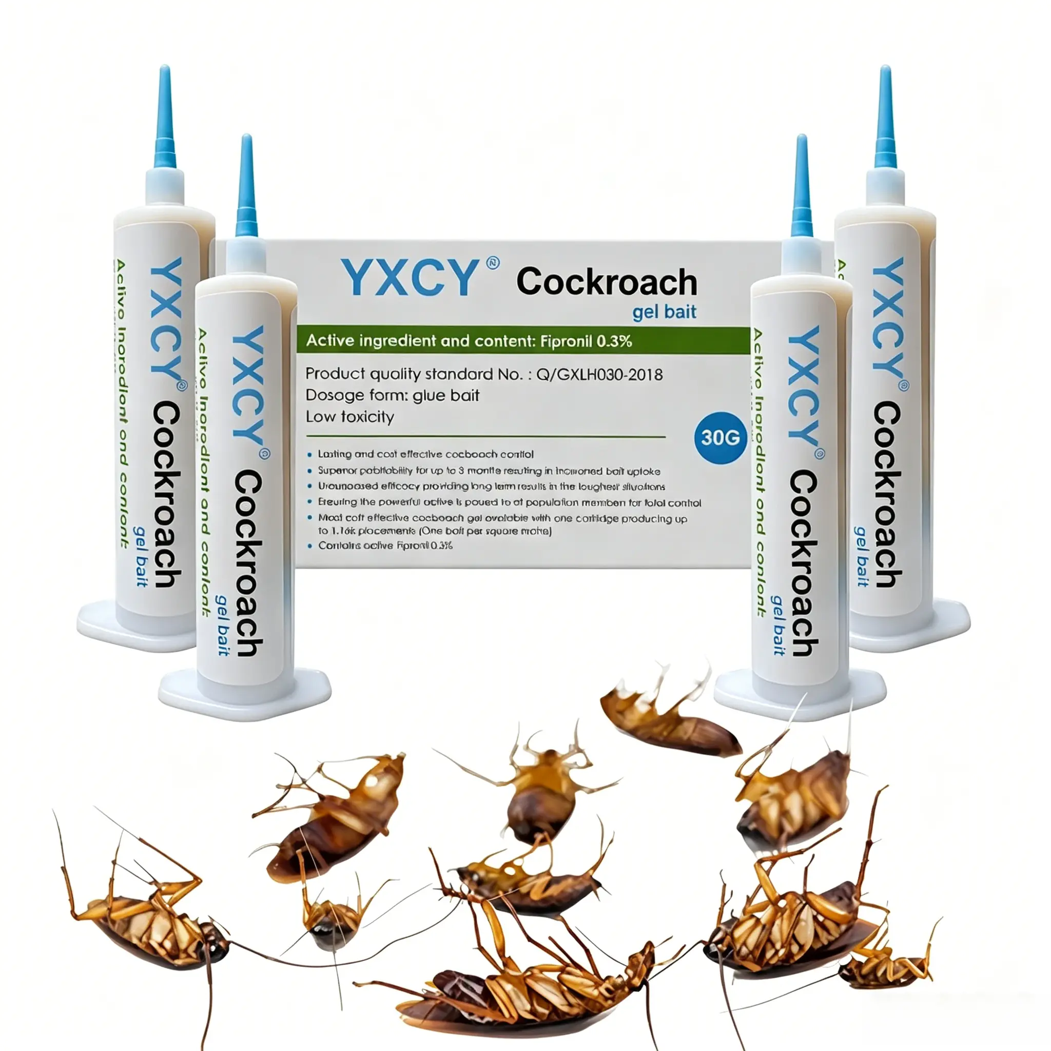 YXCY Cockroach Gel Bait (30g x 4 Tubes) with Effortless-Apply Plunger Tip Set (1 Plunger, 2 Tips), Roach Control for American, German & Major Species, Indoor/Outdoor Pest Control
