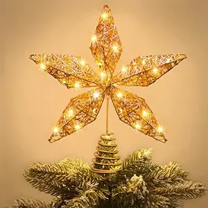 Christmas Star Tree Topper, Christmas Gold Star Tree Topper with LED Copper String Lights for Christmas Decoration, Gold Hollow Glitter Star Tree Toppers for Xmas New Year Holiday Decor.