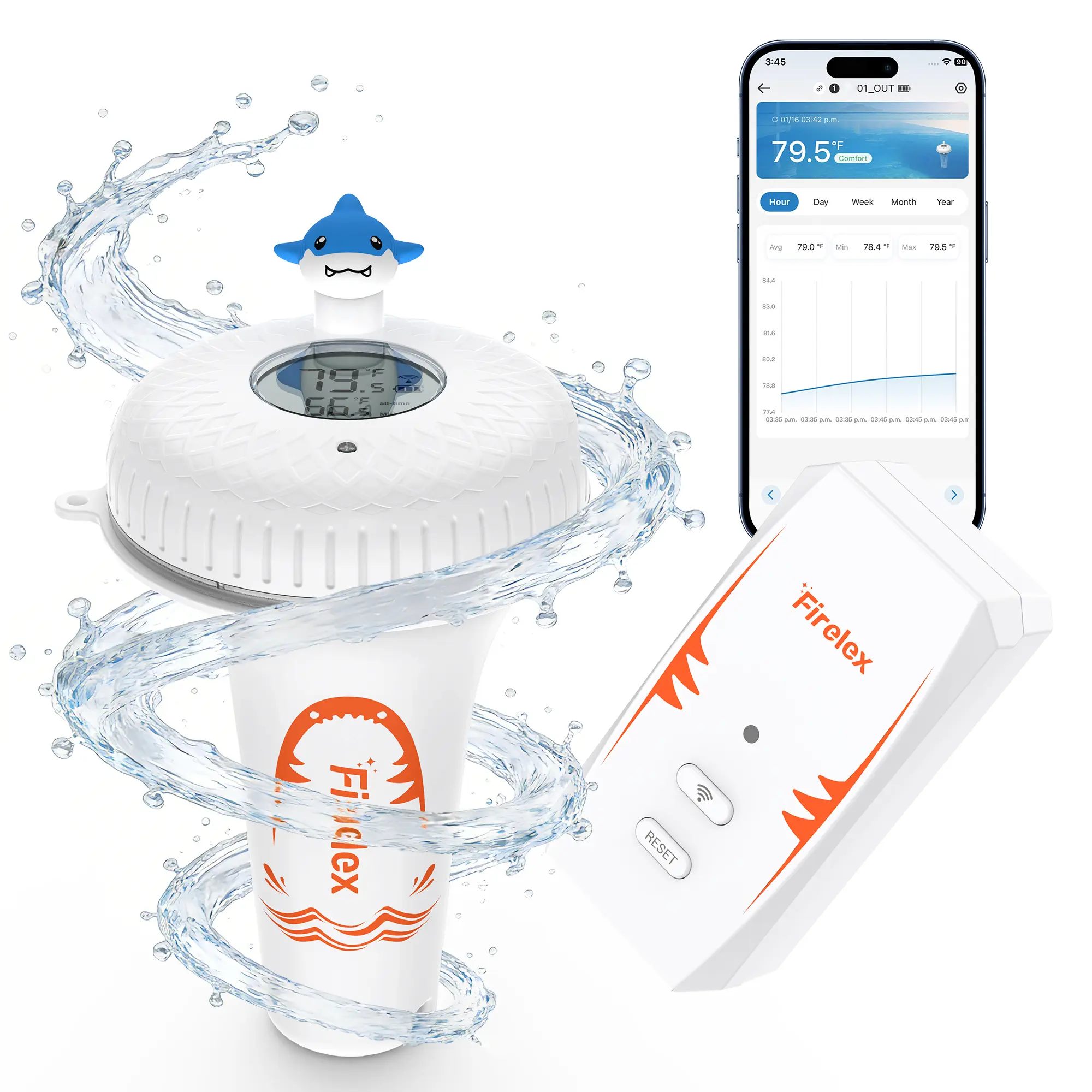 FIRELEX Pool Thermometer*1 with 2.4G WiFi Gateway Set, Cute Marine-Shape Accessory, IPX7 Waterproof, Smart APP Control, Alexa Voice Control, AAA Battery*2, -40℃~70℃ Accurate, Real-Time Monitoring, 1-Year Coverage for Hot Springs