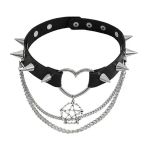 Gothic Spiked Choker Necklace for Women Men, Punk PU Leather Heart  with Layered Chains and Pentagram Pendant, Grunge Harajuku Cosplay E-Girl Jewelry Accessories day collar