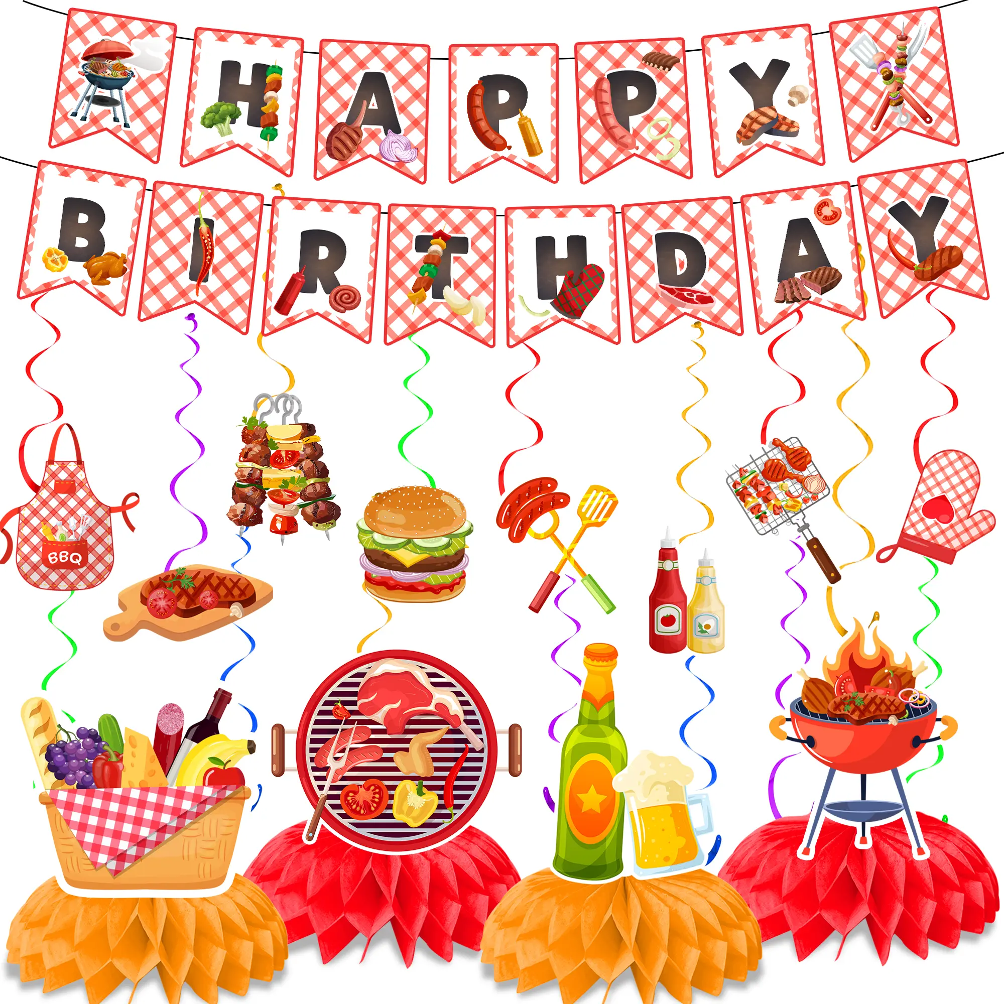 BBQ Party Decorations, 13pcs BBQ Themed Party Decorations Set Including BBQ Party Honeycomb Centerpieces Banner Hanging Decor, Barbecue Party Supplies