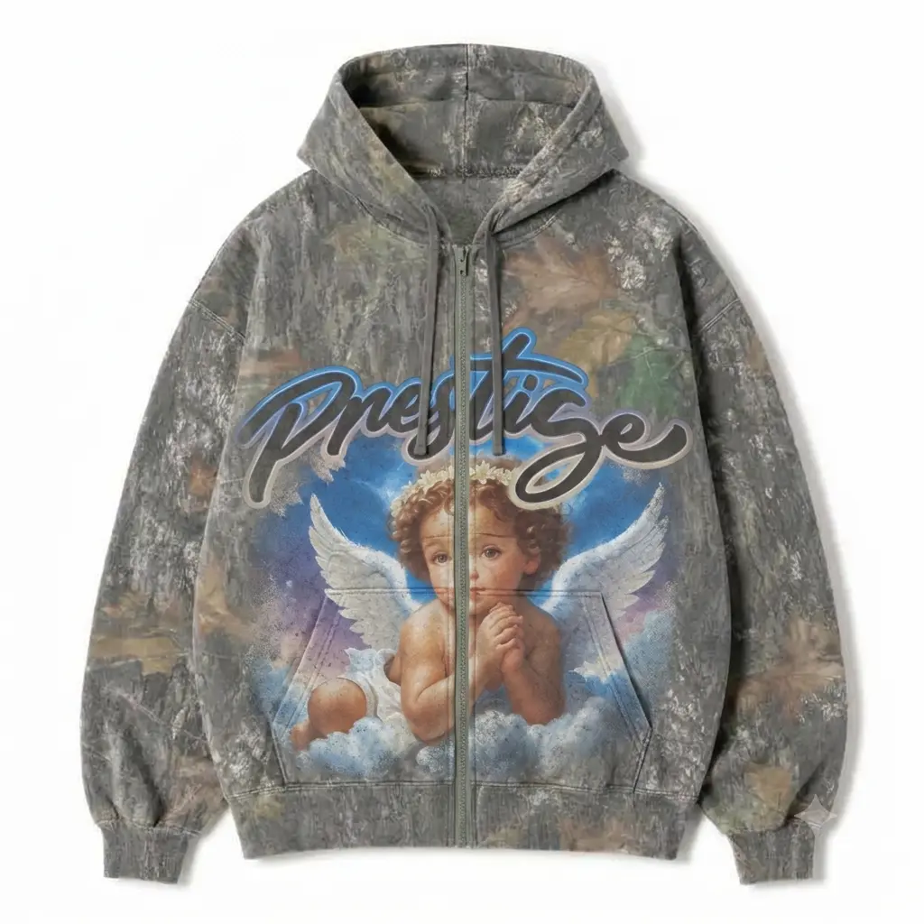 Vintage Angel Graphic Zip Up Camo Hoodie, Y2K Gothic Streetwear Sweatshirt, Retro Casual Camo Hoodie for Men and Women