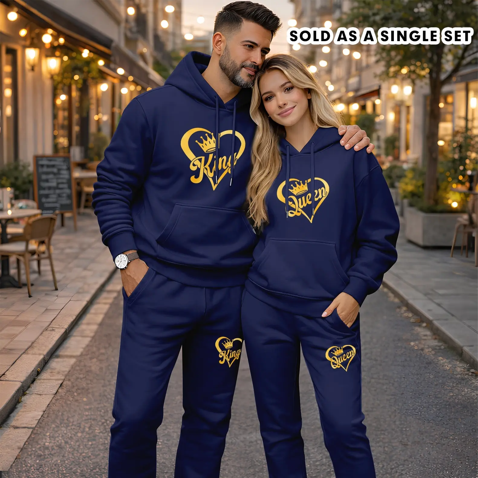 Couple's 2-Piece "King" & "Queen" Heart Print Hoodie-Bottom Set, Men's Minimalist Long-Sleeve Polyester Drawstring Casual Fit Sportswear Tracksuit, Couples Goals Clothes for Autumn-Winter-Spring Everyday Wear (Sold as 1 Set), Sweatpants