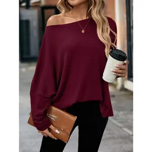 Women's Loose Waffle Knit Off-Shoulder Batwing Sleeve T-Shirt Green Autumn Fabric Fit Casual Oversized Long Sleeve Top fall sweaters cardigans sweaterswomen Knitwear Womenswear
