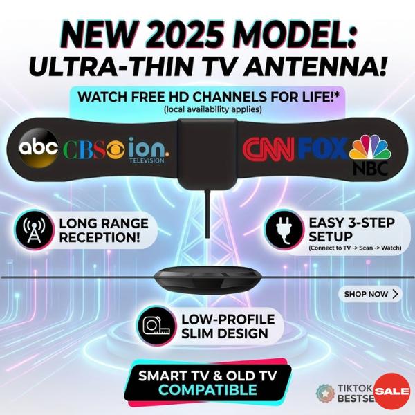 2025 Ultra Thin TV Antenna – Long Range Indoor Digital Antenna for Smart & Older TVs with High-Gain Coaxial Cable