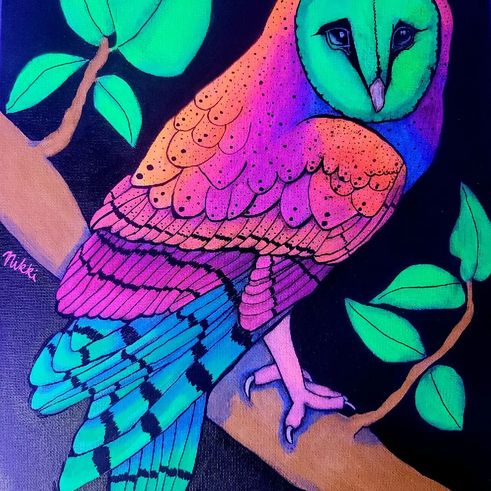 Neon Night Owl Original Blacklight Reactive Painting by Glow by Nikki