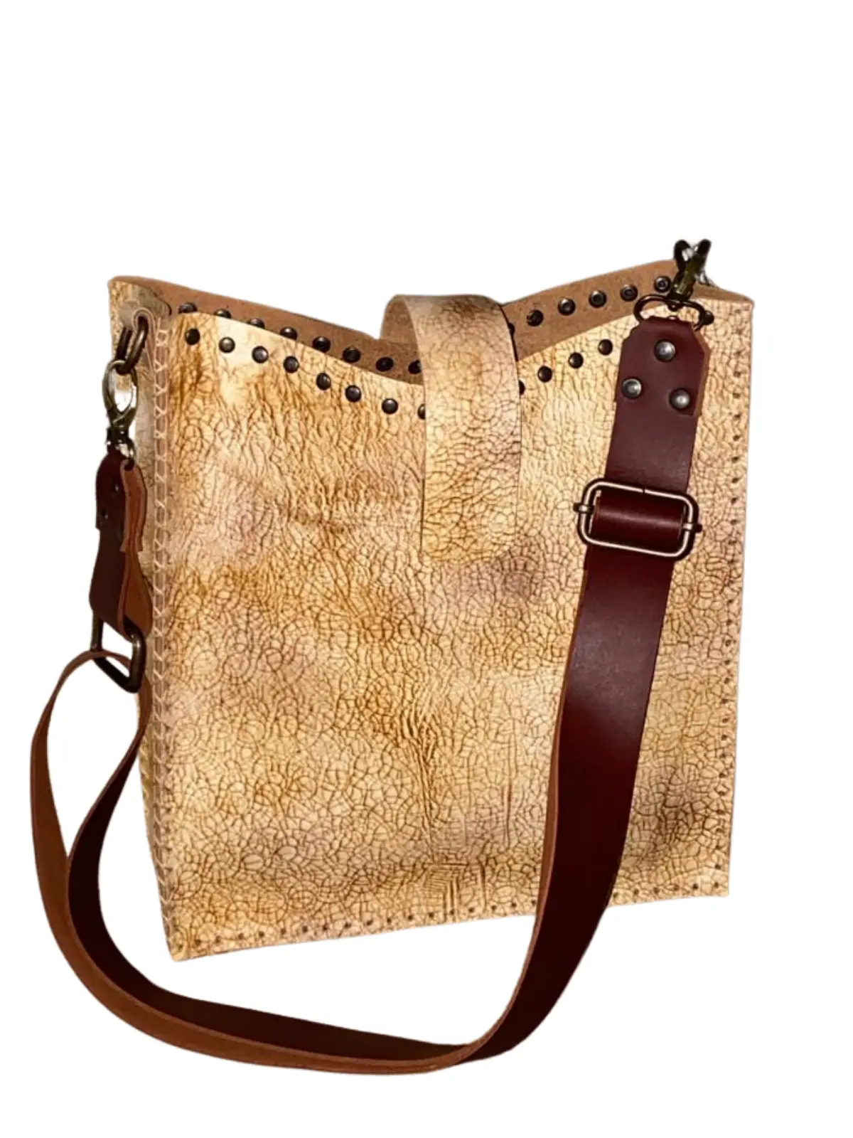 Antiqued-Embossed College Leather Crossbody Bag – One-of-a-Kind Handcrafted Cowhide with Adjustable Strap