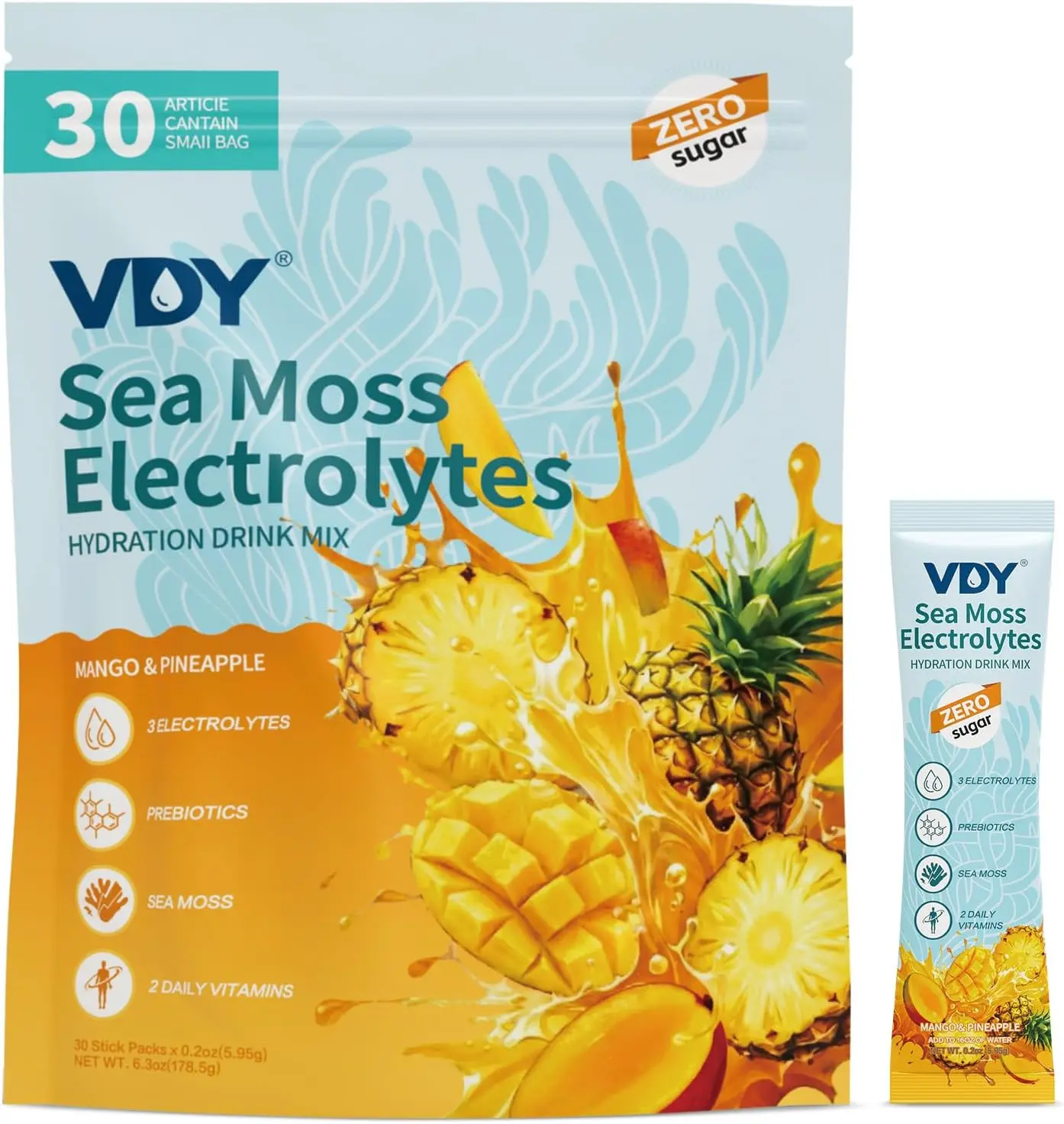Sea Moss Electrolytes Vitamin Powder Packets, Sugar-Free & 0-Calorie Hydration Mix for Energy & Recovery, Keto-Friendly Gluten-Free Drink Sticks with Sea Moss Superfood, Mango Pineapple Flavor, 30 Count