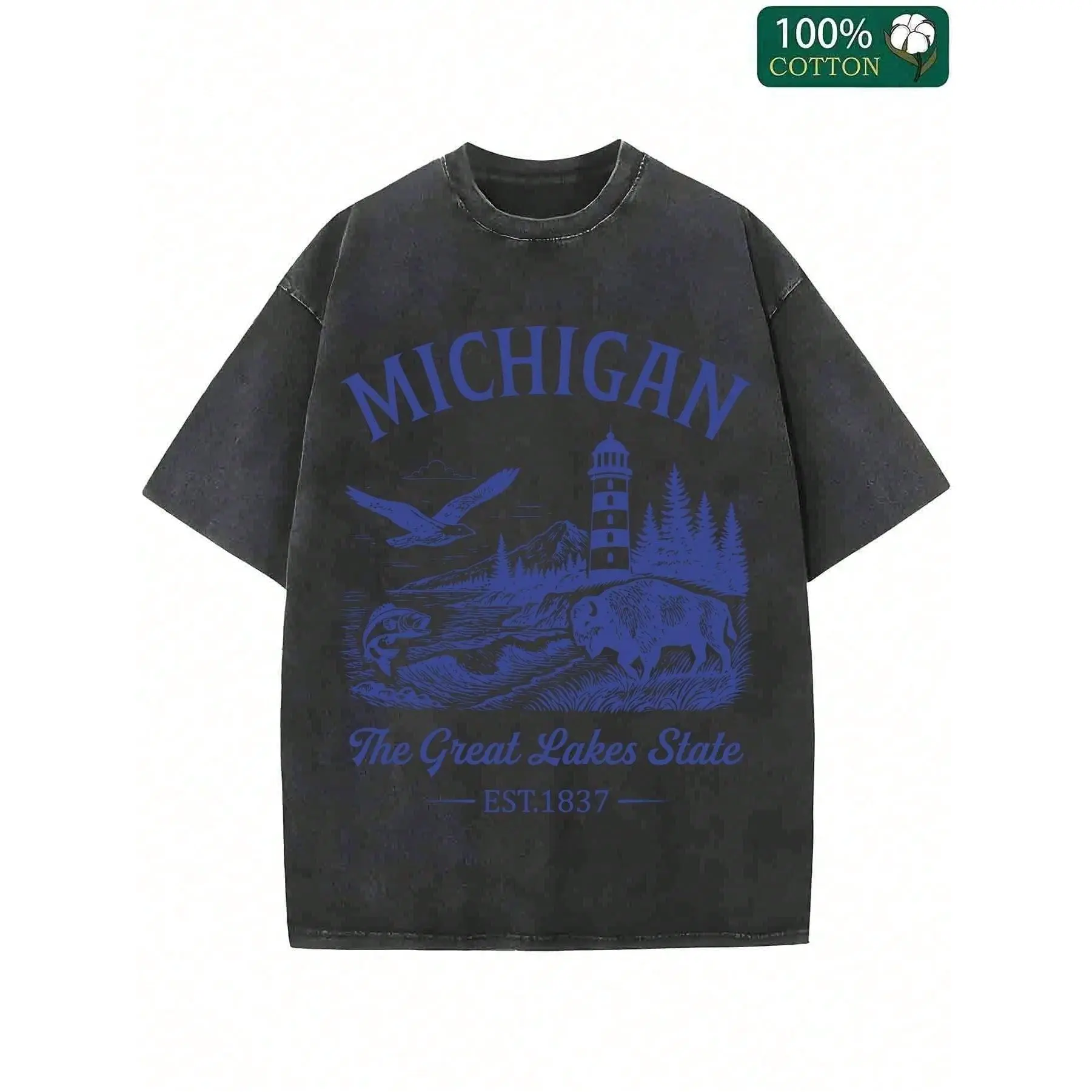 Michigan Great Lakes State Graphic 100% Cotton Vintage Wash Short Sleeve Tee Unisex Streetwear For Daily Wear Commute Office Workout Party Multi Scenarios