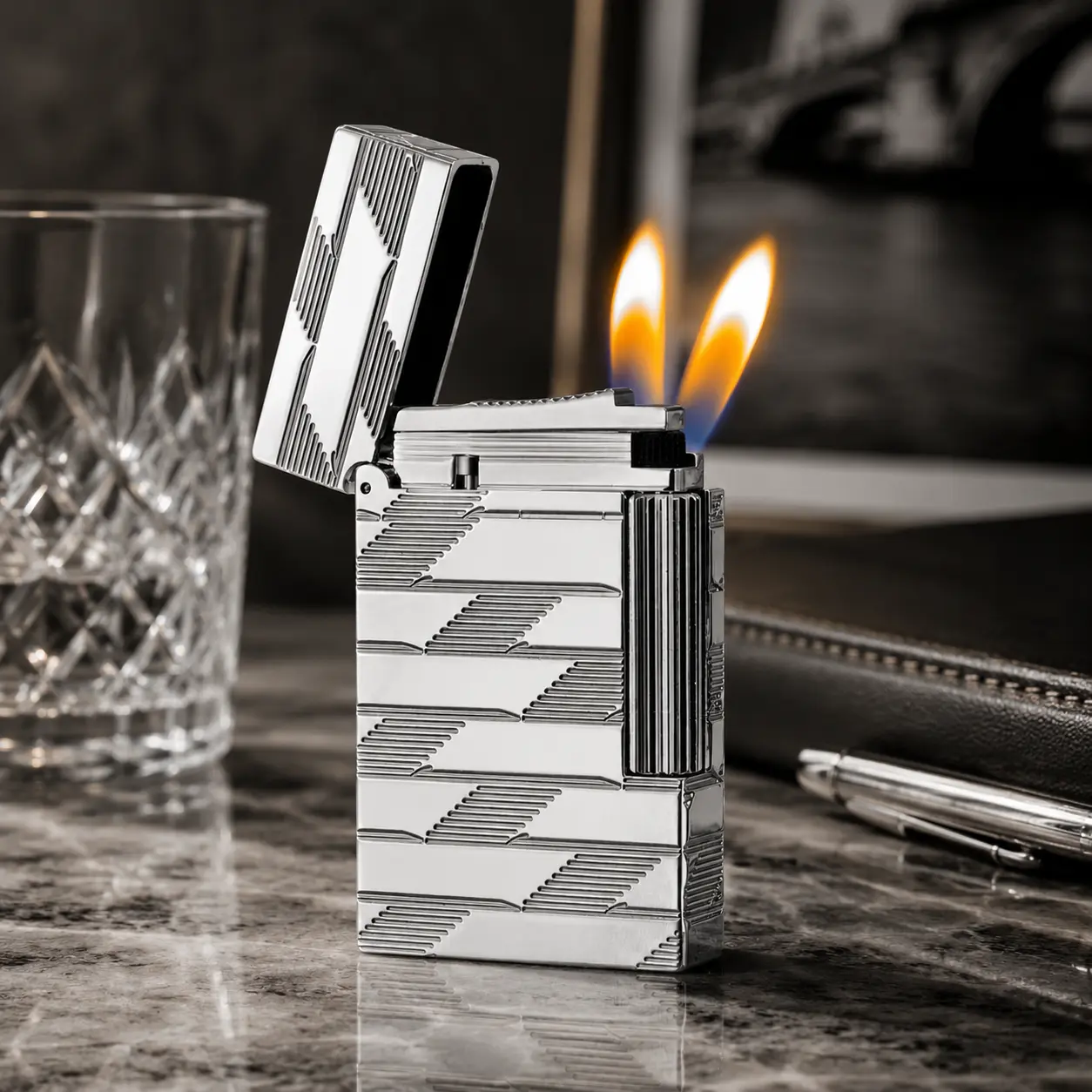 [Double Flame] DPT Monogram 1872 Metallic Silver Lighter, Brass Construction, 140g Satin Finish, Luxury Gift, Guilloche Craft Decorative Lighter Accessories