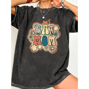Washed Cat Mom Vintage Style Printed High Quality Batik Fashion Unisex Ideal for Daily Wear Holiday Gift Perfect Present