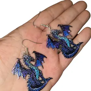 Acrylic Dragon Earrings - Blue and Black Dragon Design with Elegant Beads and Unique Shape
