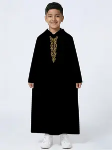 Kids Black Golden Scroll Embroidery Stand-Collar Long Robe, Ramadan Special Muslim Boys Jubba