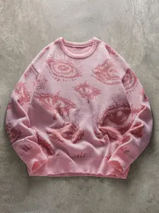 Men's Fall Winter Sweater, Halloween Eye Print Knit Casual Fashion, Unisex Round Neck Lazy Style, Plain Pattern, Wind