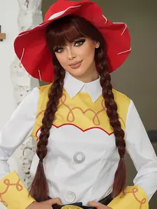 28 Inch Reddish-Brown Long Braided Synthetic Wigs with Bangs, Premium Heat Resistant Fiber Full Machine Hair Wig, Jessie Costume Wigs for Women & Girls Halloween Party Use, Anime or Cosplay Decoration