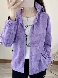Women's Plant-Print Hooded Lightweight Sports Soft Shell Jacket, Outdoor Workwear for Mountaineering Hiking Travel Cycling Detachable Hat
