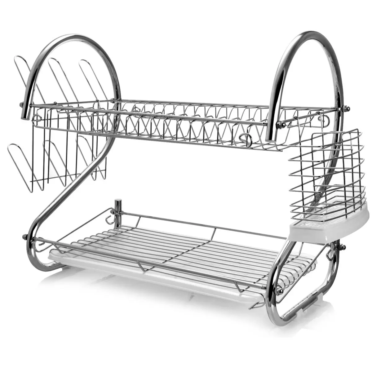 212 MAIN 22 in. Stainless Chrome-Plated 2-Shelf Camp Kitchen Dish Rack Organizer - Stainless Utensil Holder, Plastic Draining Tray, Open Wire Design, Plate Slots, Cup & Bowl Storage, Camping Use, One Stainless Utensil Holder