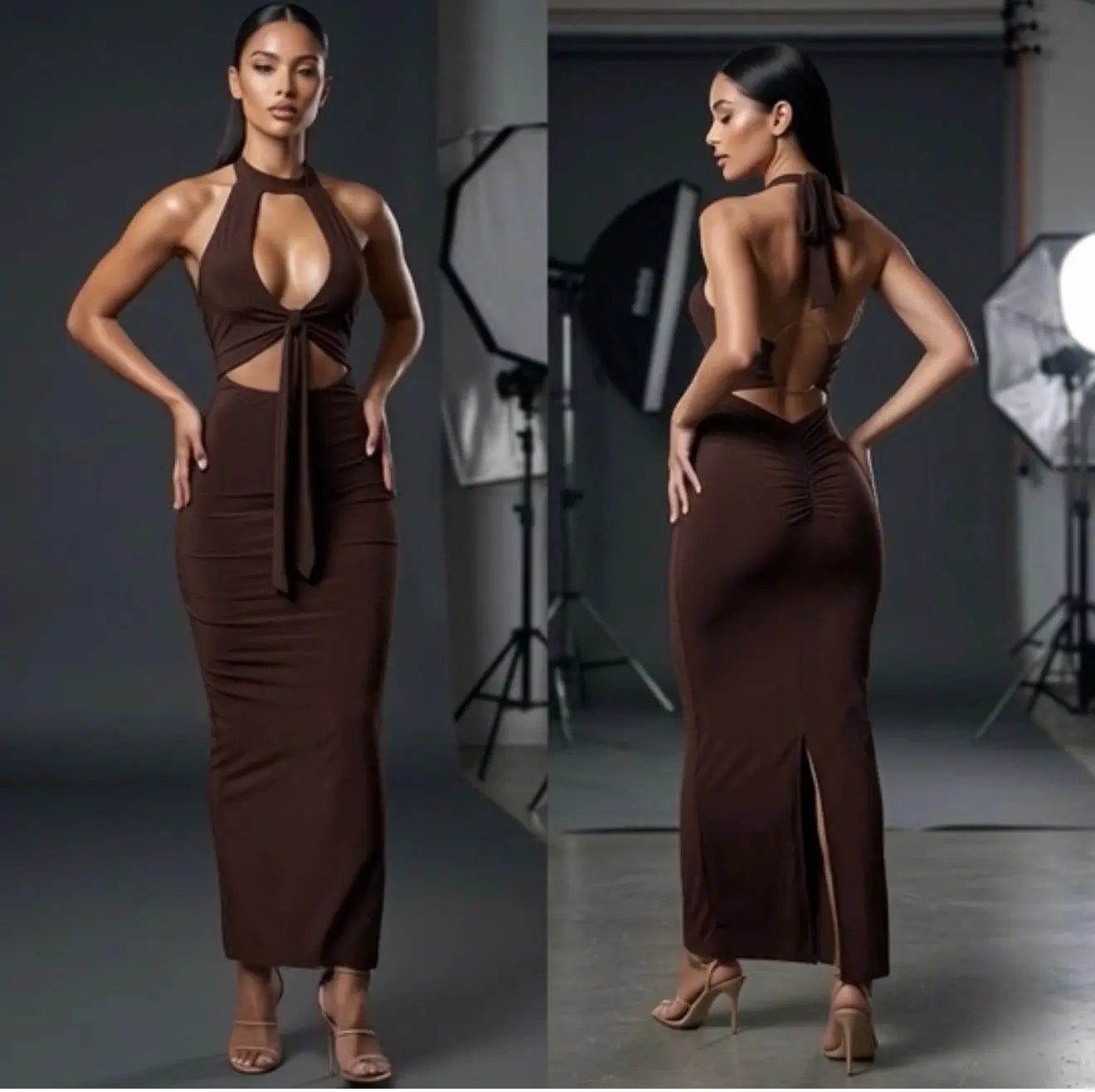 Women's Elegant Chocolate Brown Halter Maxi Dress - Slimming Fabric, Adjustable Fit, Comfortable, Open Back, Ruched Butt-Lifting Detail, Cutout Design, 1-Piece for Birthday Occasions