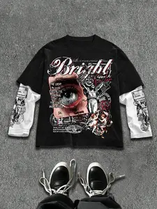 Y2K Gothic Angel Graphic Oversized Double Layer Long Sleeve T-Shirt | Indie Sleaze Streetwear Menswear for Festival & Concert Outfits | Distressed Eye Print with Vintage Stamp Details