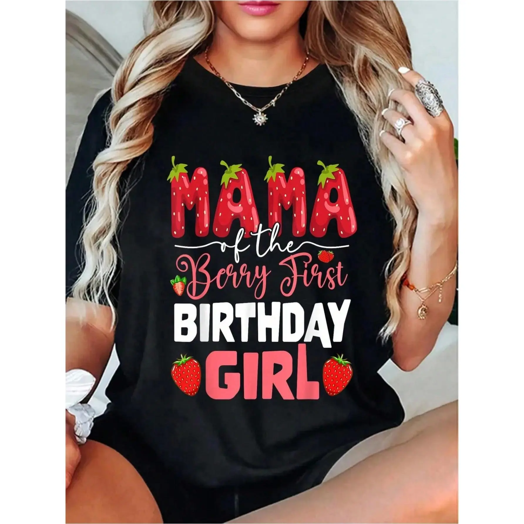 Women's 100% Cotton Small Round Neck Short Sleeve "Mama Of The Berry" Strawberry Print Graphic Tee - Casual Streetwear, Soft, Breathable, Loose Fit, Summer Knitted Top