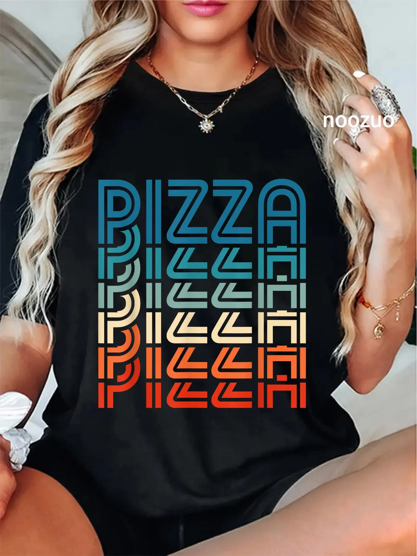 Women's Casual Top with a Quirky Pizza Digital Print, Retro 100% Cotton Round Neck Short Sleeve Streetwear, Tshirt, Retro Fun, Everyday, Funny Print, Retro Look