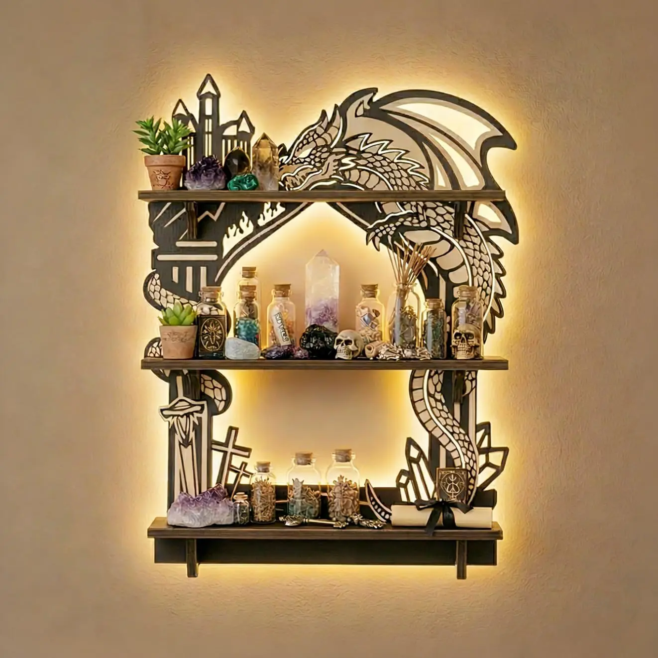 FNYDOX Wooden Dragon Shelf, Gothic Trinket & Knick Knack Organizer, Witchy Fantasy Decor Floating Shelf for Crystals Rocks & Essential Oils