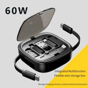 Mini Digital Storage Box, Multi-Function 6-In-1 Phone Data Cable Organizer, 60w Fast Charging Cable Holder, Phone Stand, Phone Charging Accessories