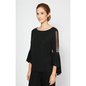 Petite Bell Sleeve Metallic Knit Blouse with Beaded Illusion Detail
