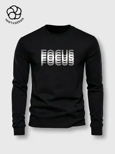 1pc, Men's Pure Cotton Crew Neck Long Sleeve T-Shirt, Ribbed Cuffs, Moderately Thick Fabric, Minimalist FOCUS Print, Unisex All-Season Versatile Casual Basic Top, Perfect Holiday Gift
