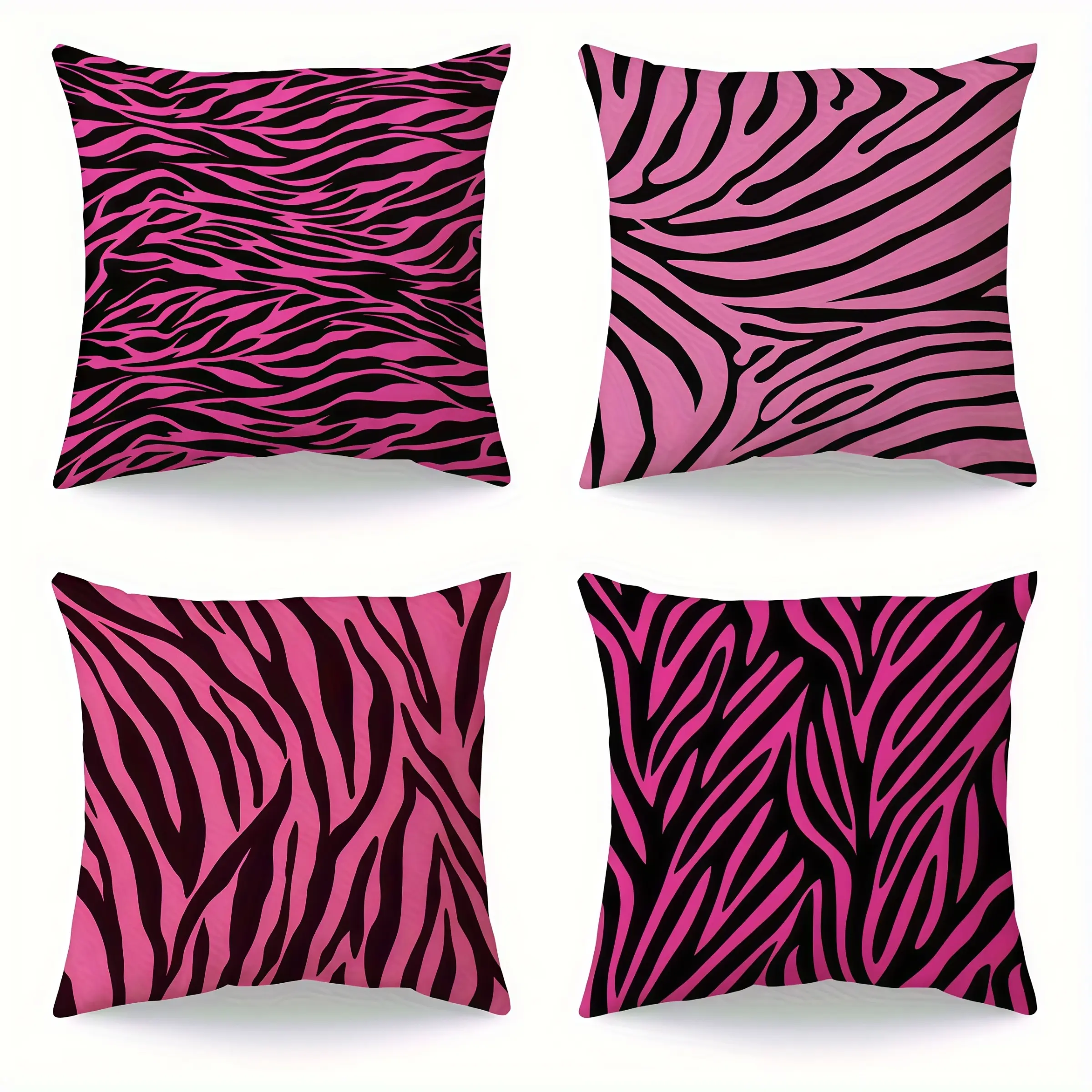 4pcs, Pink and Black Zebra Stripe Decorative Throw Pillow Covers, Home Décor, Bedroom Decorative Accessories, Suitable Living Room, Bedroom, Sofa & Bed, 2D Flat, Single Sided Printing, No Pillow Core