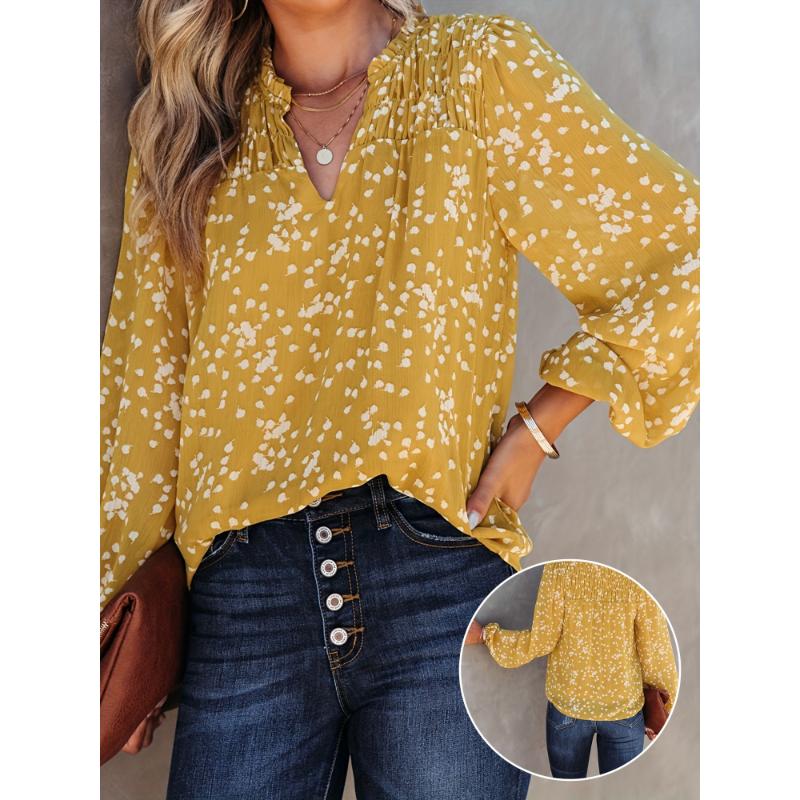 Chic Polka Dot V-Neck Blouse for Women - Casual Long Sleeve, Loose Fit Top with Pleated Detail, Machine Washable, ZAFUL