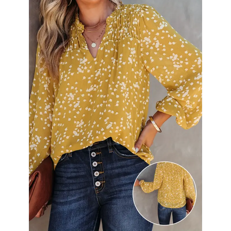 Chic Polka Dot V-Neck Blouse for Women - Casual Long Sleeve, Loose Fit Top with Pleated Detail, Machine Washable, ZAFUL
