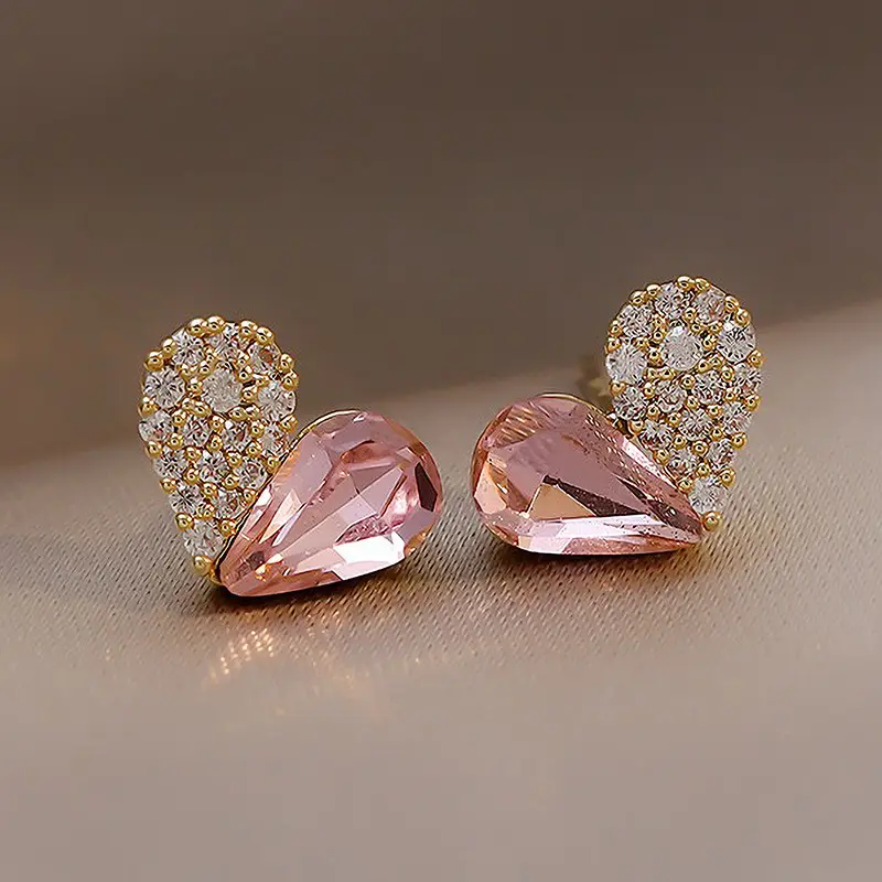 Pink Crystal Stud Heart Earrings