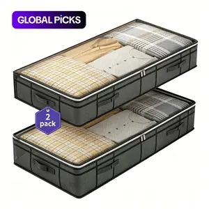 2-Piece Foldable Bed Under Storage Bag Set, Space Saving Storage, Organizational Zipper Storage, Breathable Zipper & Transparent Window Design, Includes 4 Handles for Blankets Clothes Bedding Storage Bags, Bedding Organizer Storage