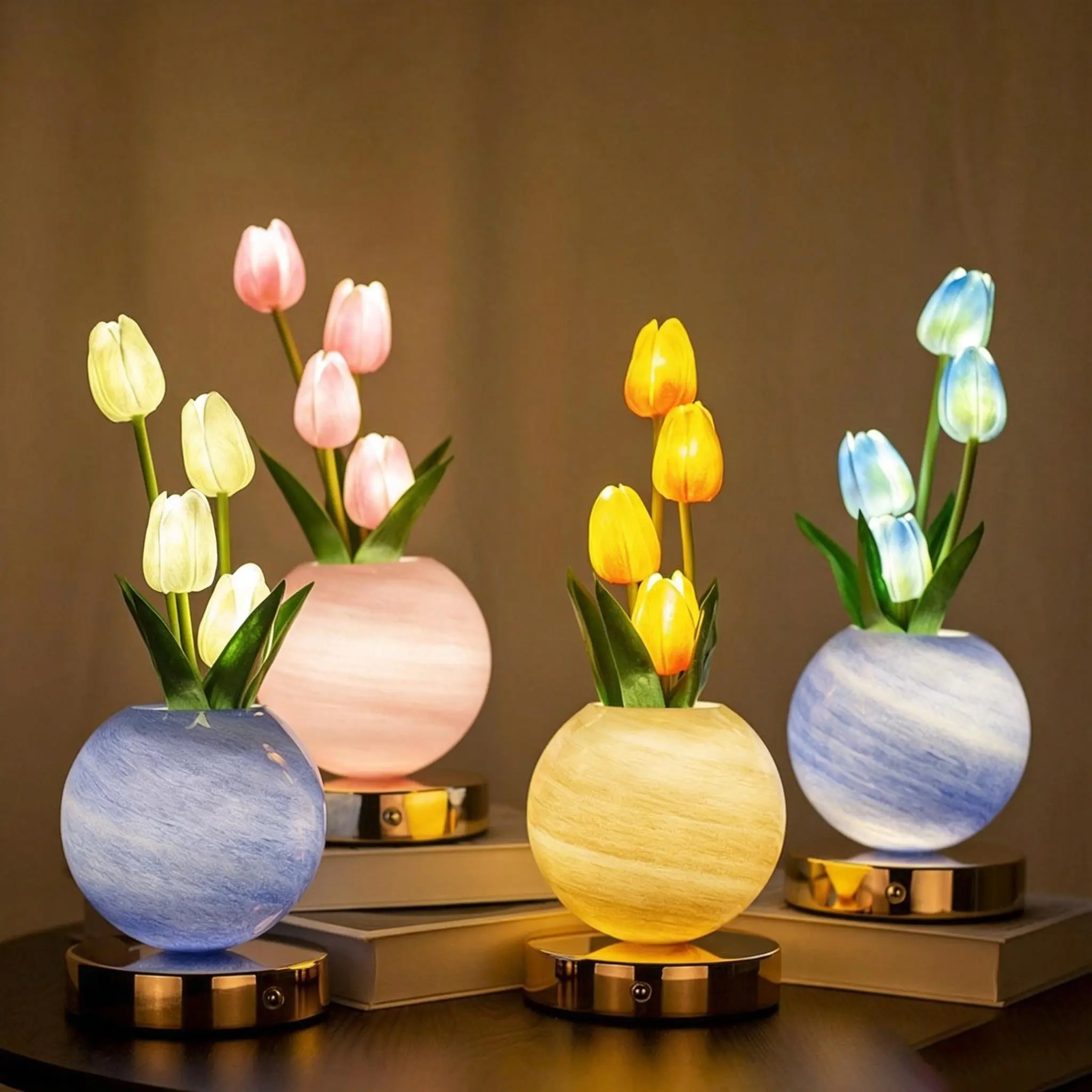 Tulip LED "Planet Pot" Ornament - Cozy Lighting Aesthetic Table Lamp, Faux Flower Bouquet Decorative Lamp, Bedroom Bedside LED Decoration, Home Decor Gift for Friends Electronic Lamp