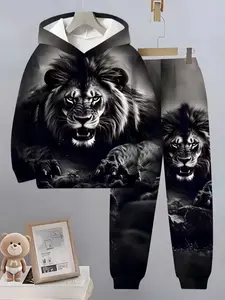 Boys' 3D Animal Lion Print Hooded Sportswear Set, Casual Fitted for Spring & Fall, Kids Ages 13 and Below, Outdoor Activities