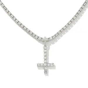 Rhinestones Trendy Inverted Cross Pendant Neck Chain For Hip Hop Enthusiasts, colgante decru, crucifix, silver tone, gift for woman and men
