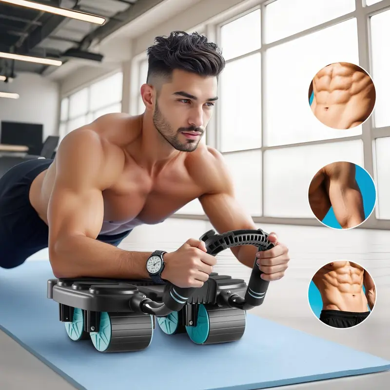 ‌Heavy Duty Ab Roller Automatic Rebound Wheel with Elbow Pads 4 Wheel Core Trainer for Home Gym Abs Exercise Equipment‌ Abdominal Workout Machine