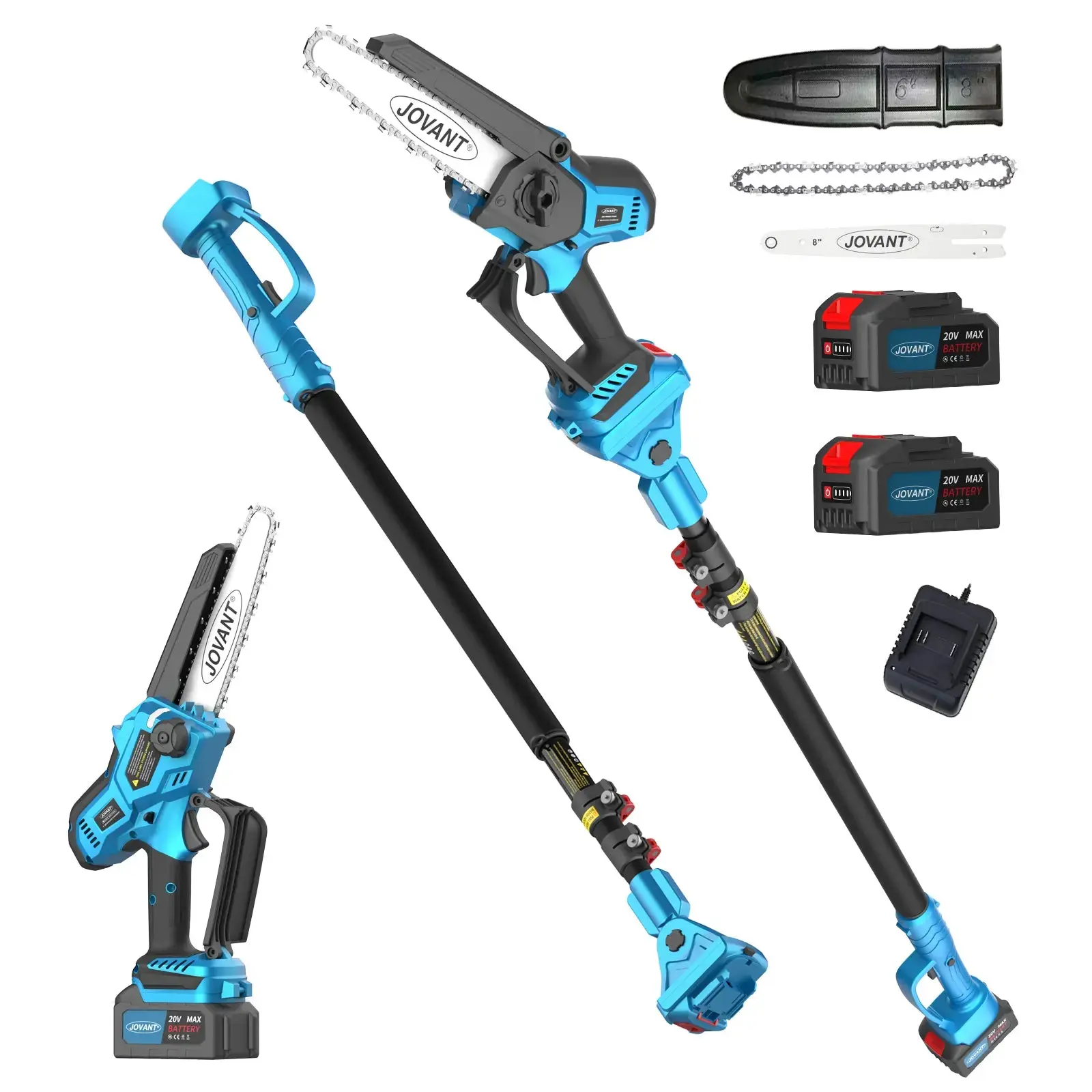 Cordless Pole Saw with 2 Max 20V*4Ah Batteries,8inch Chainsaw and Ploe tree trimmer. Electric Pole Saw and Branch cutter Battery Powered,15-Foot Reach for Tree Trimming and Pruning saw w/Bag