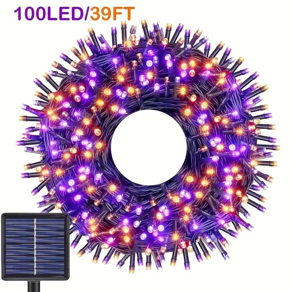 Solar Halloween LED String Lights, 39.37ft 100 LEDs, Purple-Orange Light, 8 Lighting Modes (Including Flickering Mode), Plastic Body Solar-Powered Decor, for Horror Vibe - Garden, Room, Balcony