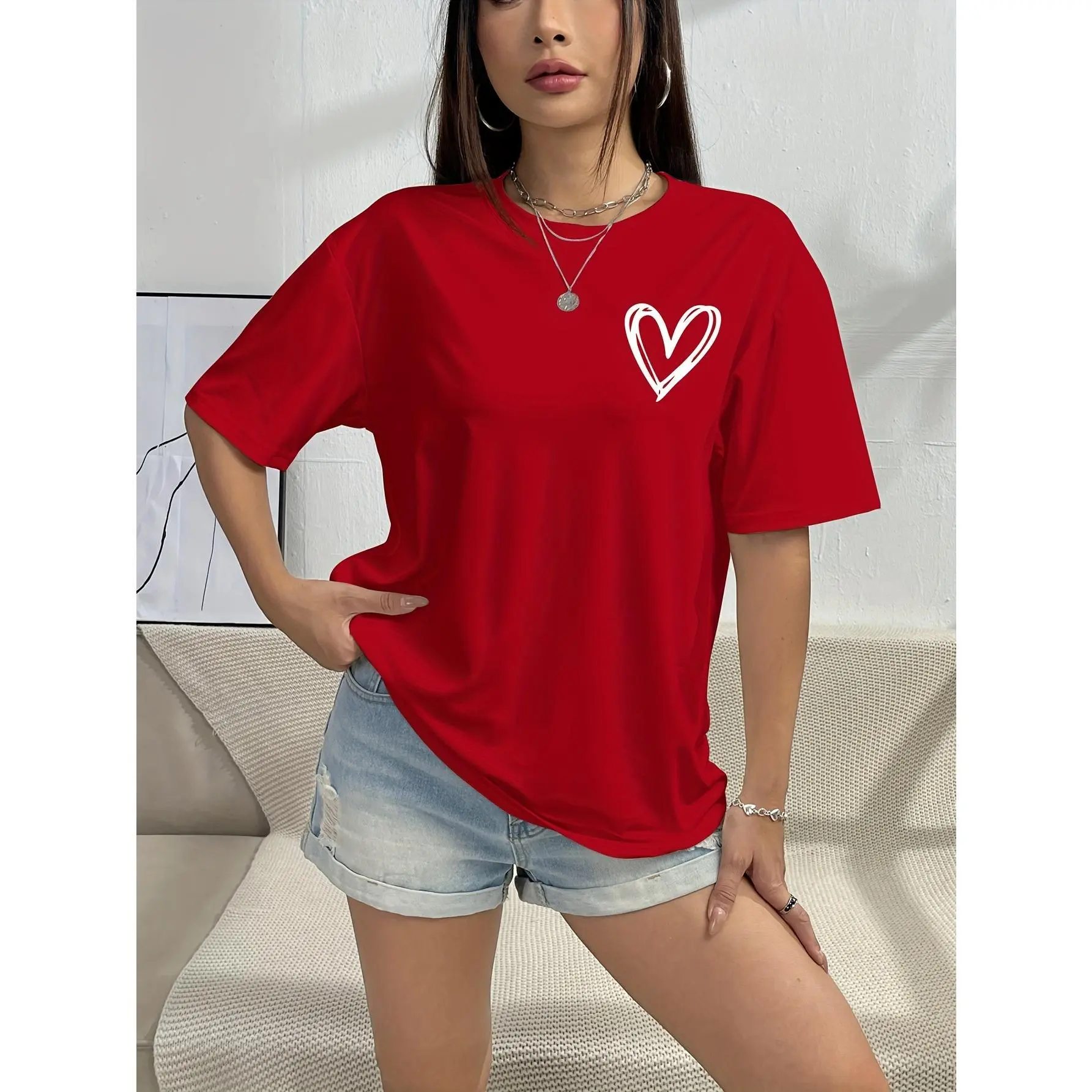 Women's Casual Heart Graphic T-Shirt - Comfortable Short Sleeve Round Neck Tee, Loose-Fitting Polyester Blend Top for Everyday Style