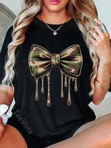 100% Cotton Unisex Camouflage Old Camo Bow Cute Country Hunting Women Girl T-Shirt