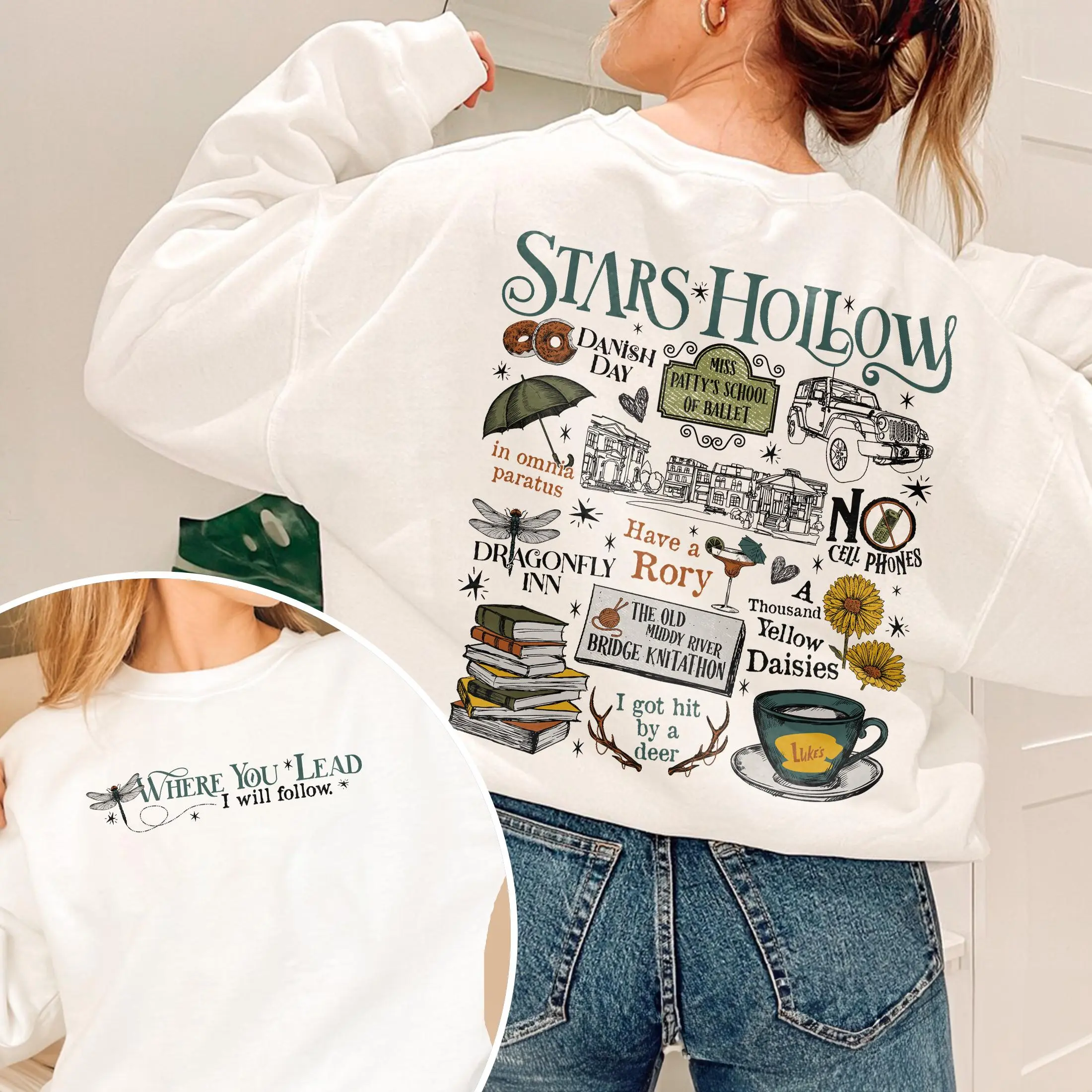 Stars Hollow Where You Lead I Will Follow Sweatshirt, Retro Style Lukes Diner Crewneck T-Shirt, 2 Sided Stars Hollow Shirt, Rory Gilmore