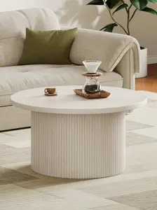 【SummerGarden】ONBRILL 31.5" Gorgeous Fluted Coffee Table, Round Mid Century Coffee Tables for Living Room, Cute Modern Wood Coffee Table, Drum Accent Small Center Table, Bedroom Furniture, Gift summergarden