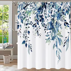 Blue Botanical Shower Curtain Polyester Bathroom Decor 72x72 Inch Watercolor Leaf Design for Modern Bathroom Refresh