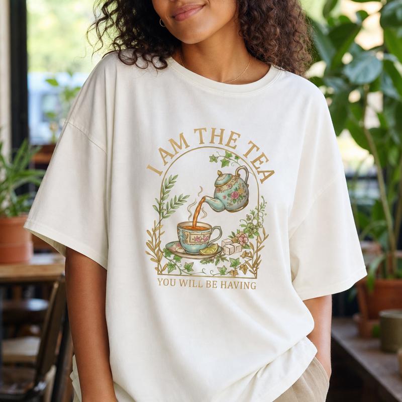 Vintage Floral Teapot I Am the Tea Women's 100% Cotton Graphic T-Shirt Sassy Cottagecore Tee Plus Size
