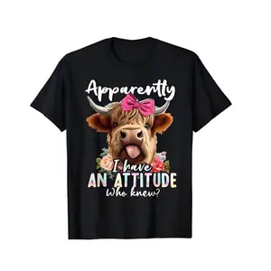 100% Cotton Apparently I Have An Attitude Sarcastic Highland Cow Design Unisex Tee Round Neck Short Sleeves Menswear Casual Tops Golf Gift T-Shirt