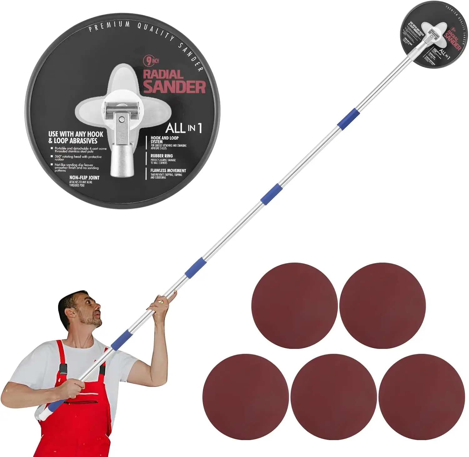 9 Inch Lightweight Drywall Pole Sander with 49-90 Inch Extendable Handle, 360-Rotating Radial Tool for Stucco, Painting Prep, DIY Projects, Ceilings & Walls