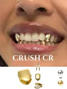 CRUSH CR Grillz Set, Gold/Silver Polished Teeth Caps for Men & Women, Gothic Dental Jewelry, Perfect for Halloween Parties, Cosplay Events and Dark Aesthetic Styling